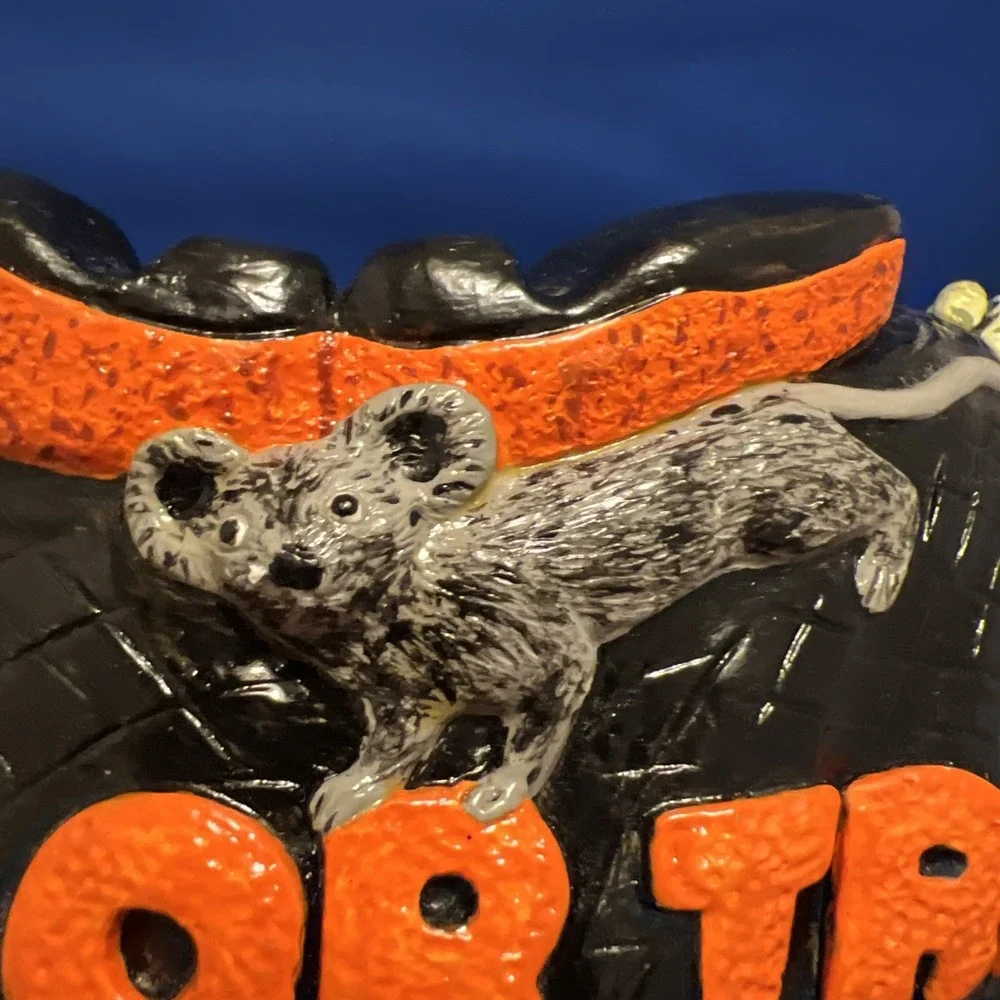 Vtg '85Accents Unltd Halloween Trick Or Treat Witch Owl Cat Chalkware Candy Bowl
